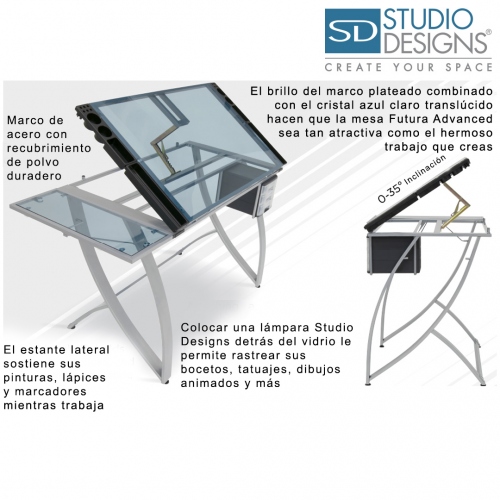 Beula Arkitec: Mesa Futura Advance Craft Table Plateado / Vidrio Azul